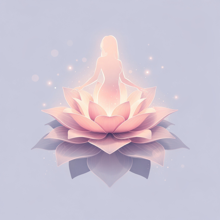 Soft glowing illustration of a serene woman figure emerging from a luminous pink and purple lotus flower on a pastel background