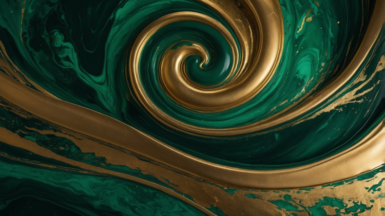 Close-up of an abstract swirl pattern with gold metallic and emerald green fluid textures blending smoothly