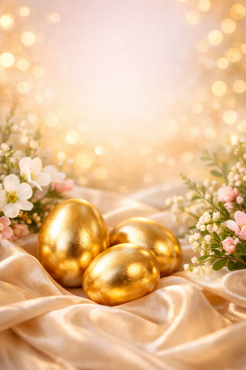 Shiny golden Easter eggs resting on soft silk fabric surrounded by delicate spring flowers and bokeh lights
