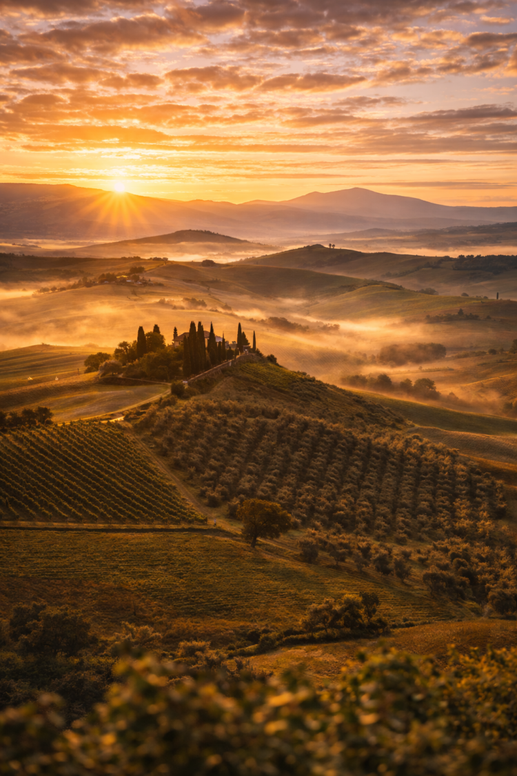 Sunrise casting golden light on rolling hills, vineyards, and mist in the Tuscan countryside with distant mountains under a cloudy sky.