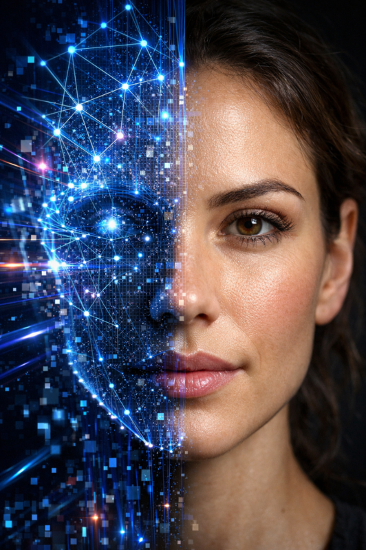 Close-up portrait of a woman's face merged with a futuristic AI digital network half-face glowing with blue light