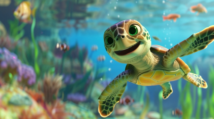 A cheerful animated sea turtle swimming underwater with colorful coral and fish in a vibrant ocean setting.