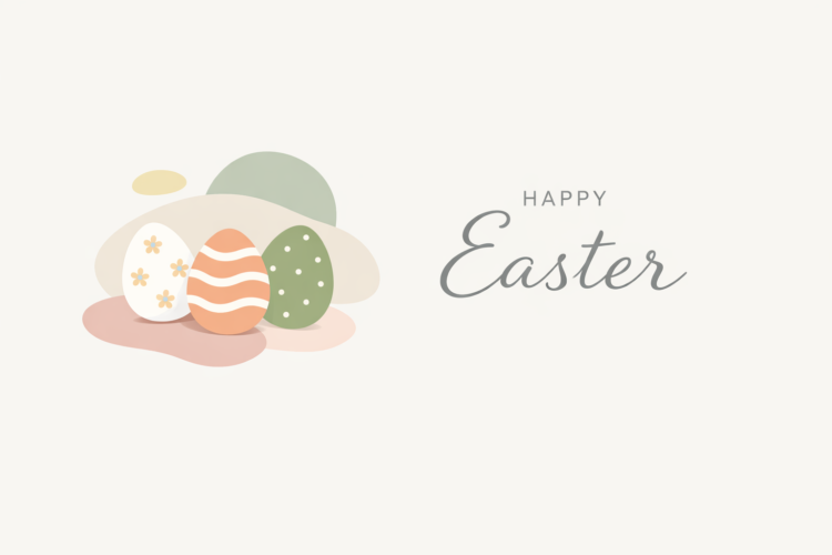 Minimalist Happy Easter card with three pastel-colored decorated eggs on abstract shapes background