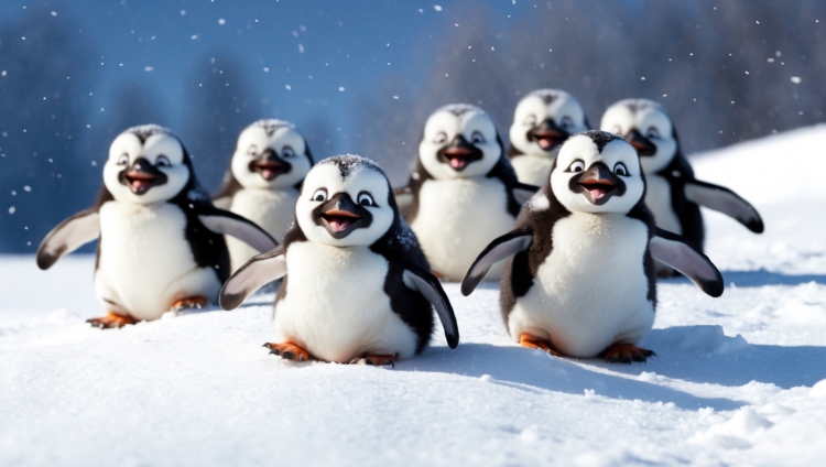 A group of happy baby penguins waddling through fresh snow under a clear blue sky, with playful expressions and snowflakes falling