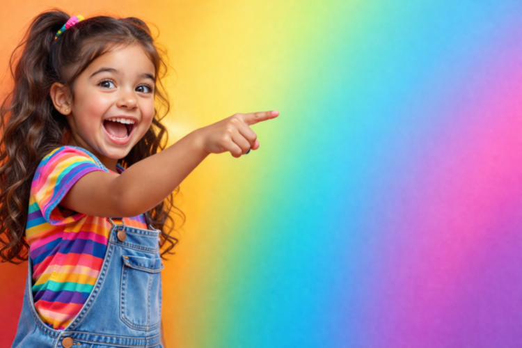 Joyful little girl with curly hair and colorful striped shirt pointing excitedly to the right on a vibrant rainbow gradient background