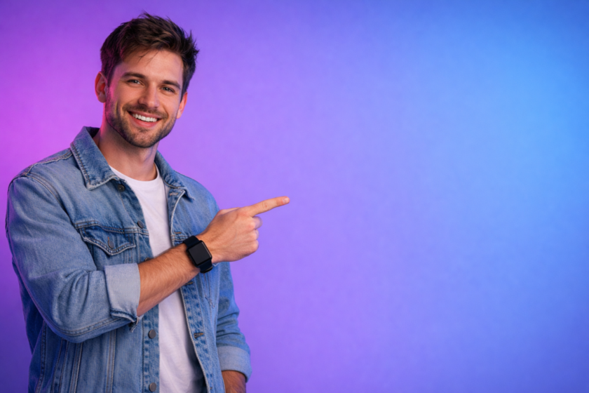 Smiling young man in denim jacket pointing to the side against a purple and blue gradient background