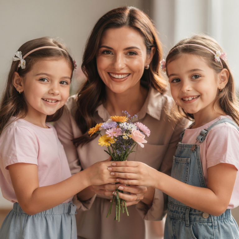 Smiling mother and her two daughters holding a bouquet of colorful flowers together indoors