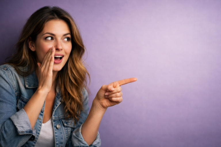 Young woman with long hair in denim jacket whispering and pointing excitedly on a purple background