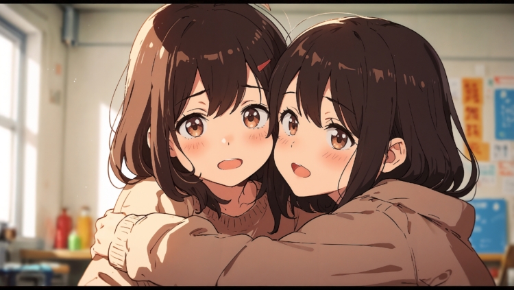 Two anime girls with brown hair sharing a warm hug indoors, expressing affection with cozy sweaters and gentle smiles.