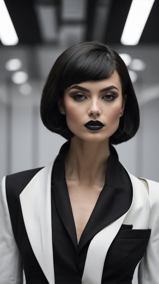 Portrait of a woman with sleek short black hair and bold black lipstick wearing a stylish black and white blazer