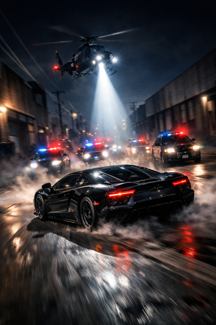 A sleek black sports car evades multiple police cars with flashing lights at night, illuminated by a helicopter spotlight above