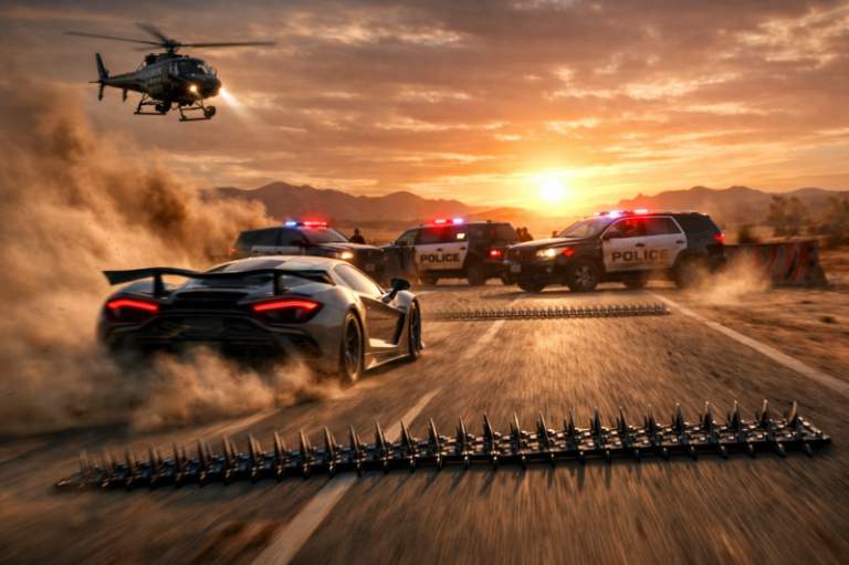 A black sports car kicking up dust in a police chase at sunset with police SUVs, spike strips on the road, and a helicopter overhead.