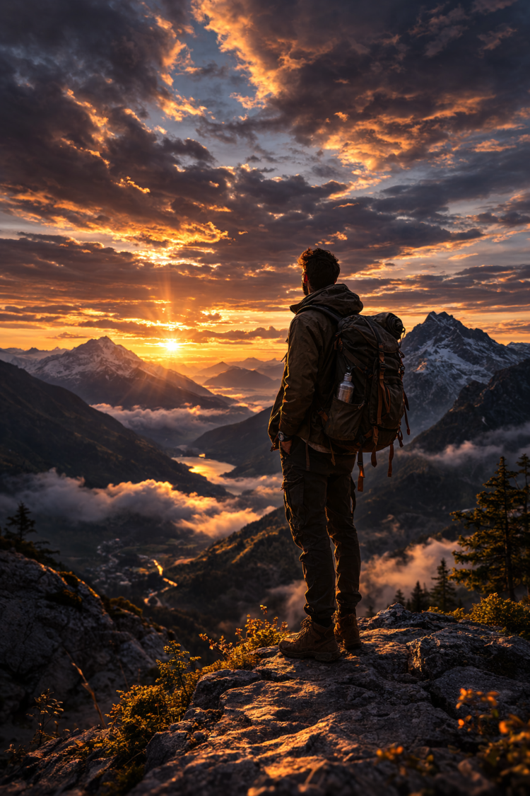Person wearing hiking gear and a large backpack stands on a rocky cliff overlooking a sunlit mountain valley at sunrise