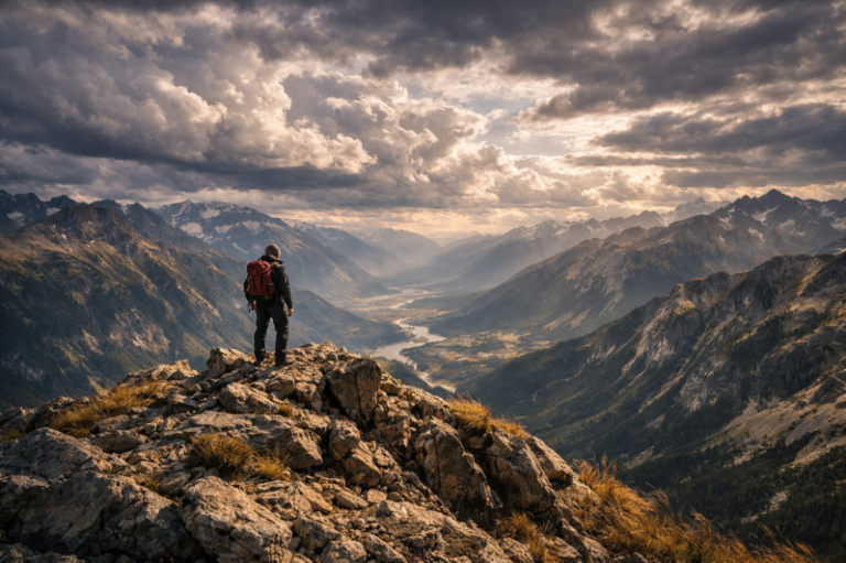A lone hiker with a red backpack stands on rocky peak, overlooking a vast valley with winding river under dramatic cloudy sky