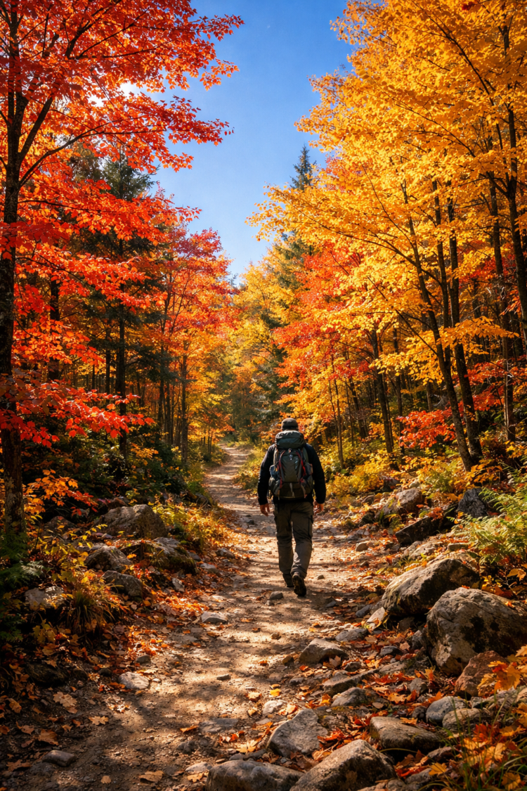A lone hiker walking on a rocky path surrounded by trees with bright red, orange, and yellow autumn leaves under a clear blue sky.