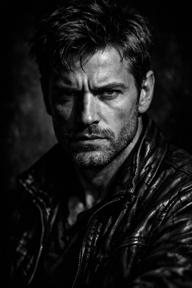 Black and white portrait of a serious man with rugged features wearing a leather jacket in dramatic lighting