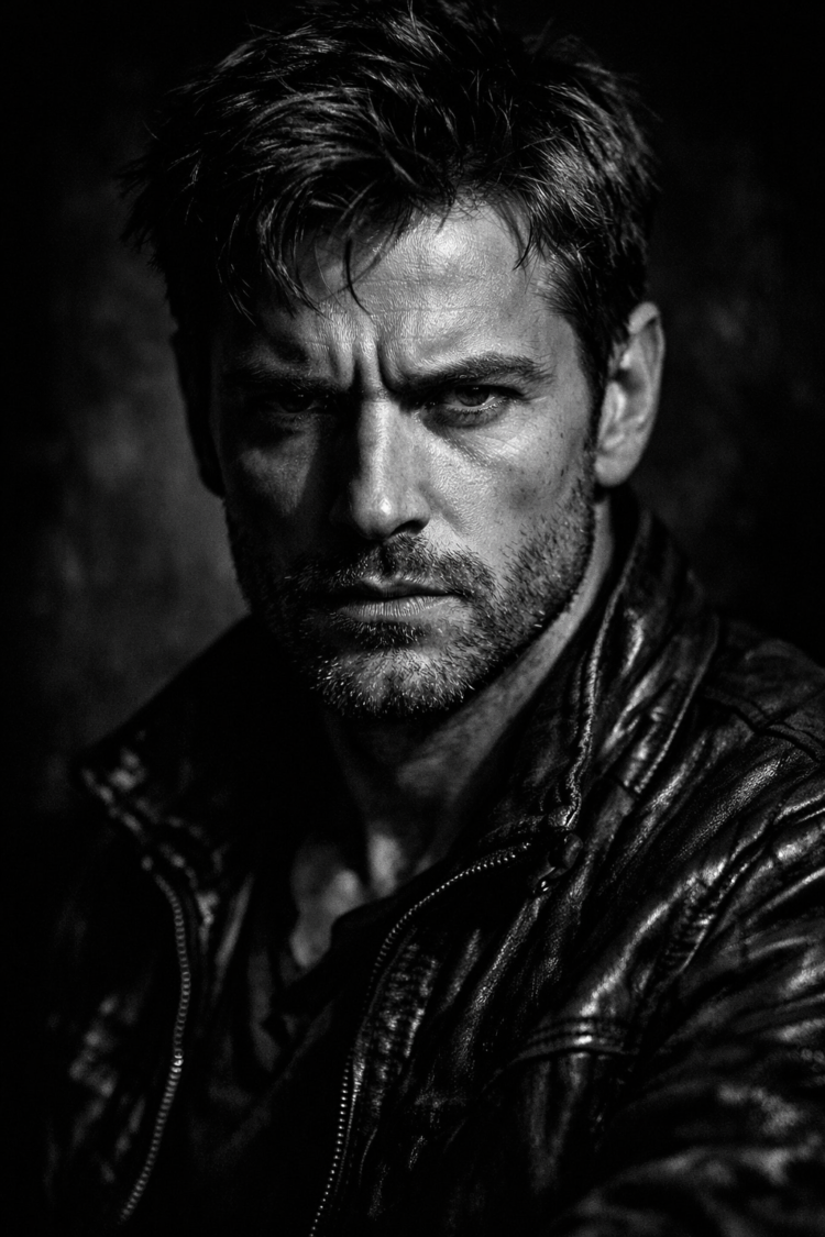 Close-up black and white portrait of a serious man with rugged features wearing a leather jacket and intense expression