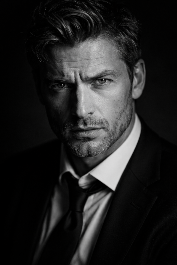 Close-up black and white portrait of a serious man wearing a suit and tie with furrowed brows and intense gaze