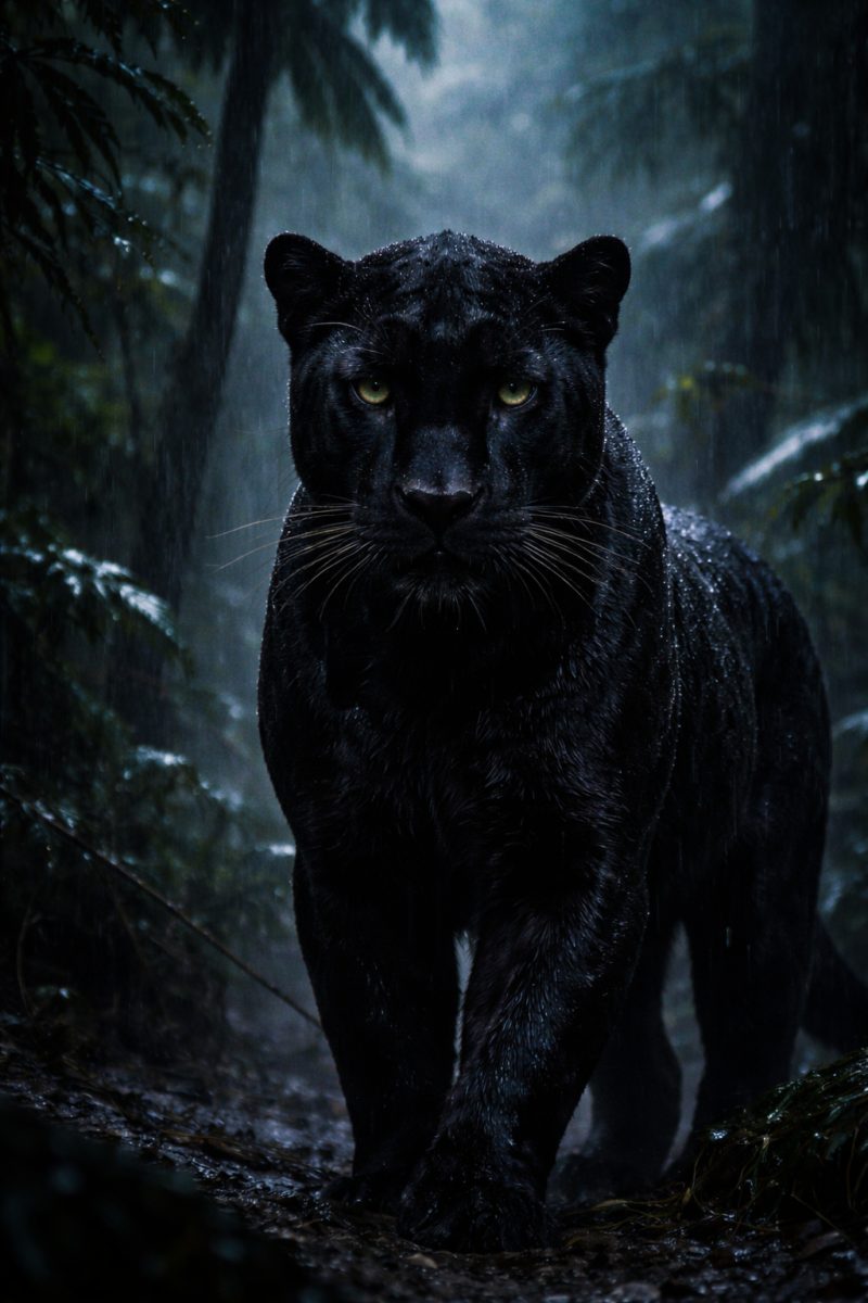 Close-up portrait of a majestic black panther walking through a dark, rainy forest with intense eyes and wet fur.