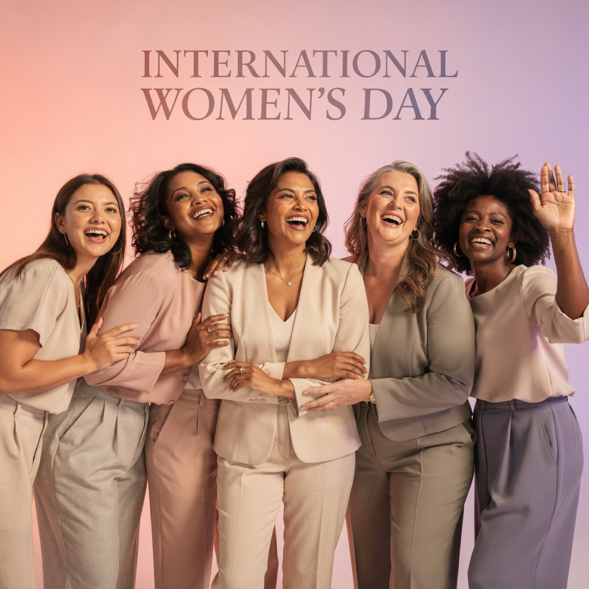 Diverse group of professional women laughing and posing together with International Women's Day text above