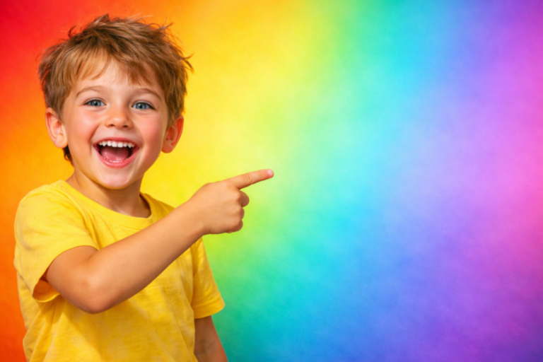 Happy young boy wearing a yellow t-shirt smiling widely and pointing to his right with a vibrant rainbow gradient background