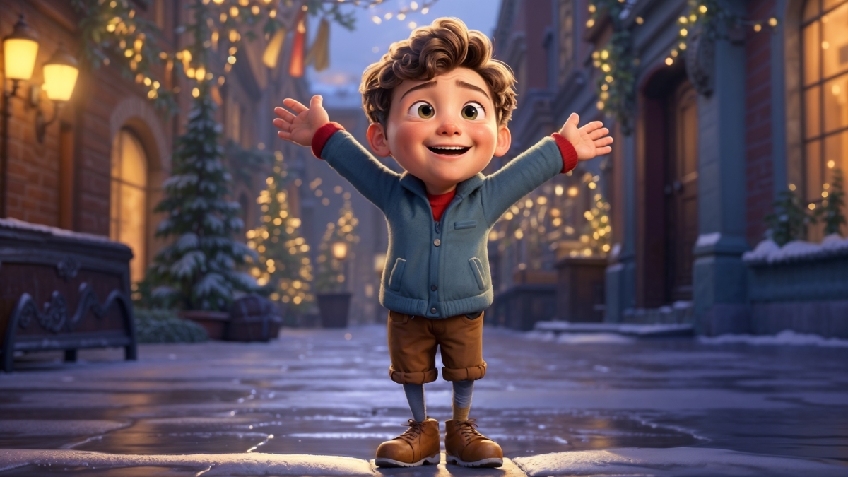 Animated toddler boy with curly hair wearing blue jacket and brown boots happily standing on snowy street with festive lights