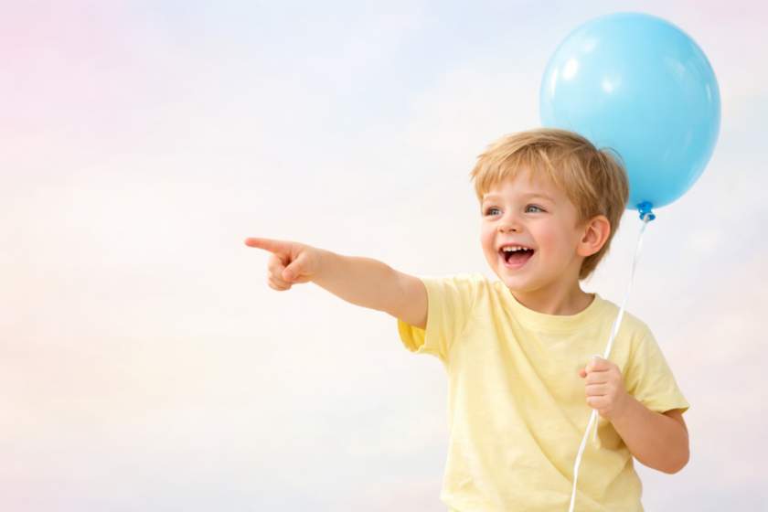 Happy young boy in yellow shirt holding a blue balloon and excitedly pointing to the left against a soft pastel sky