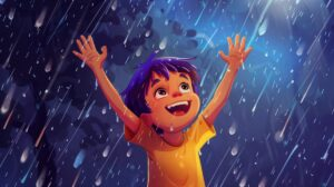 Illustration of a happy child with purple hair and a yellow shirt reaching up to the rain with a big smile