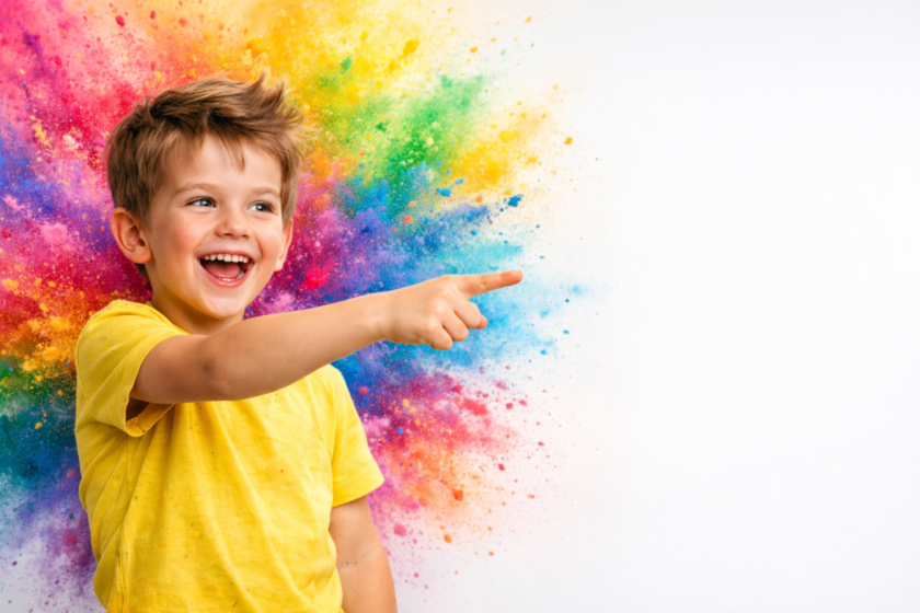 Smiling young boy in yellow shirt pointing while vibrant Holi colored powder explodes behind him on a white background