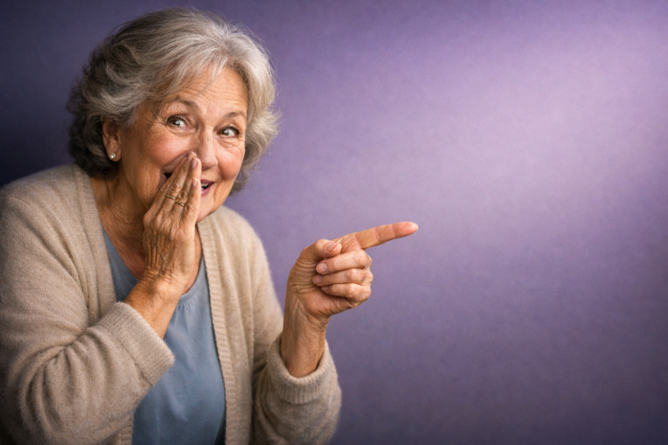 Smiling elderly woman with gray hair in beige sweater, whispering and pointing to the right against a purple background
