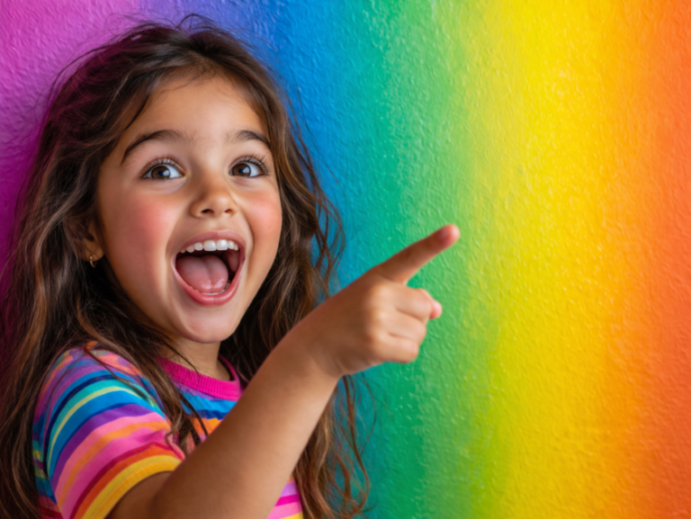 A happy young girl wearing a bright striped shirt cheerfully pointing at a vibrant rainbow colored wall with excitement