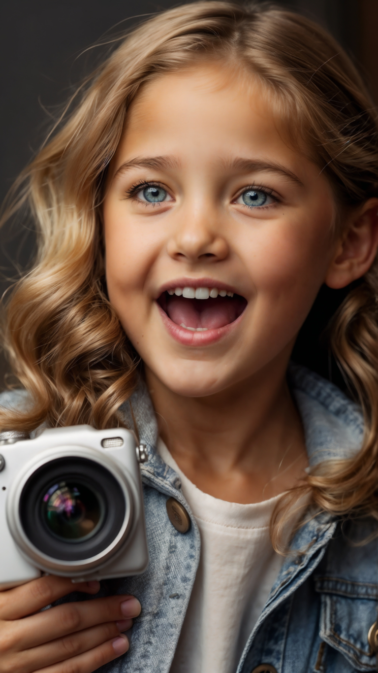 Close-up portrait of a happy young girl with bright blue eyes and curly blonde hair holding a camera