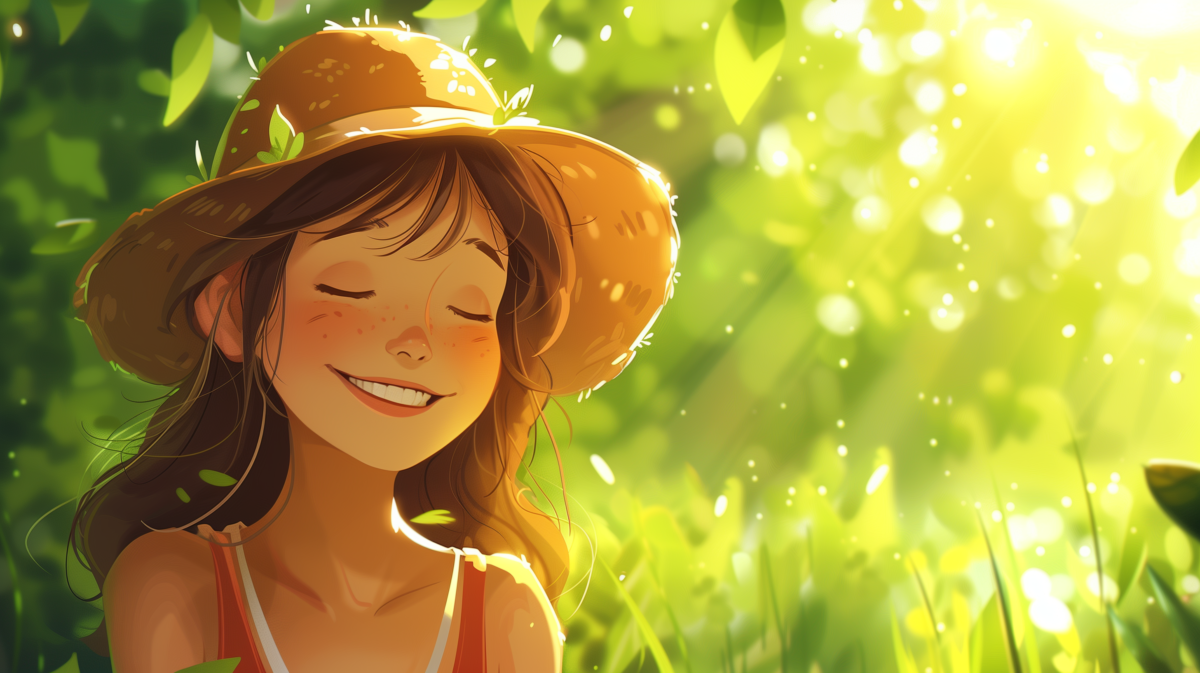 An illustrated girl with a straw hat smiling peacefully in a lush sun-dappled green garden.