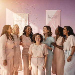 A diverse group of smiling women standing together in front of pink banners celebrating International Women's Day and empowerment, with confetti falling