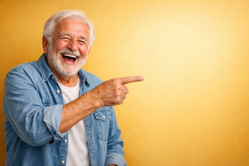 Elderly man with white hair and beard laughing and pointing right, wearing a denim shirt against a yellow backdrop
