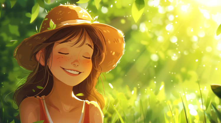Young girl with closed eyes and a joyful smile wearing a straw hat surrounded by bright sunlit green foliage