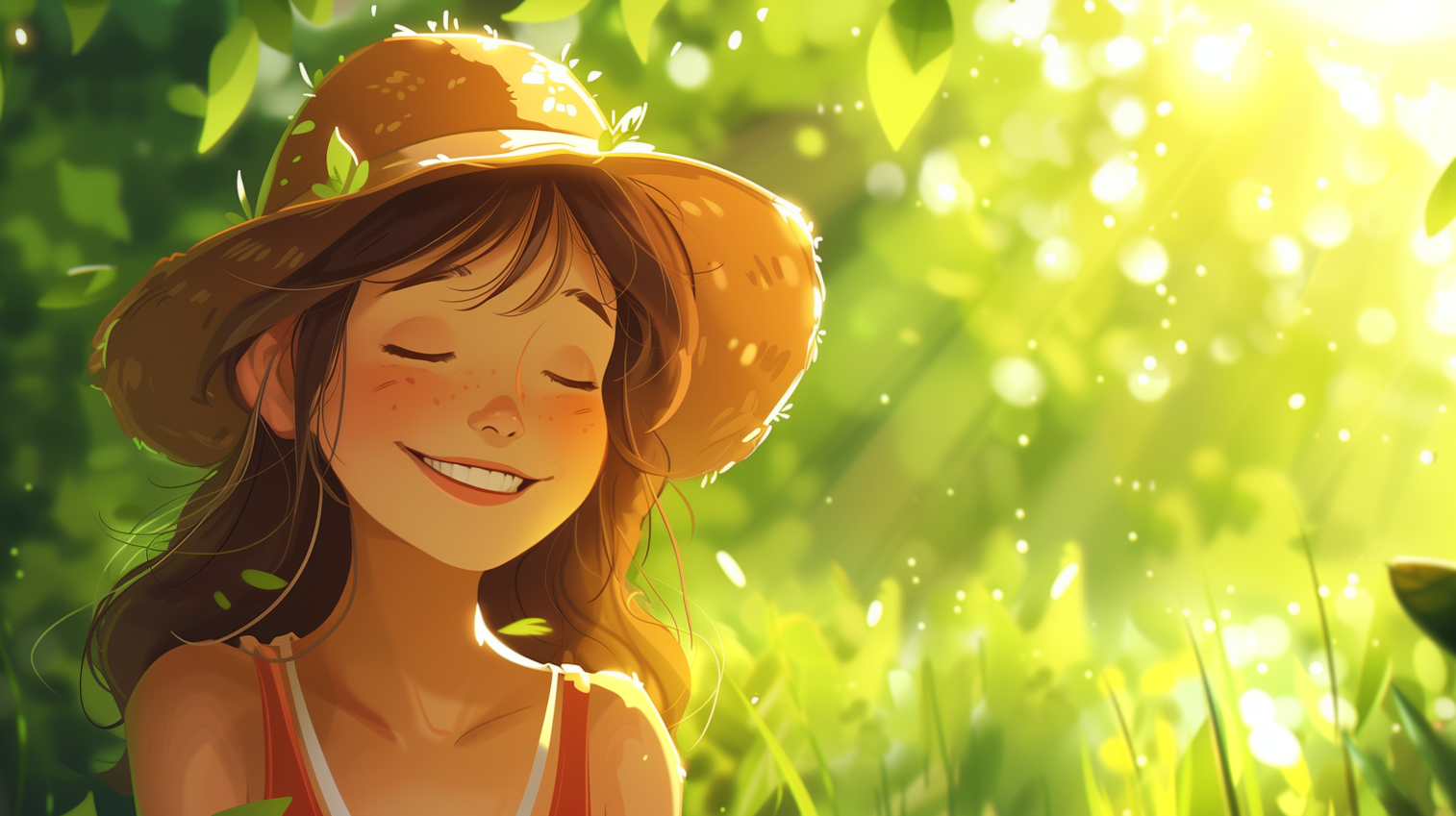 An illustrated girl with a straw hat smiling peacefully in a lush sun-dappled green garden.