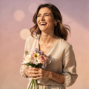 A happy woman with wavy brown hair holding a bright mixed flower bouquet in front of a soft pink background