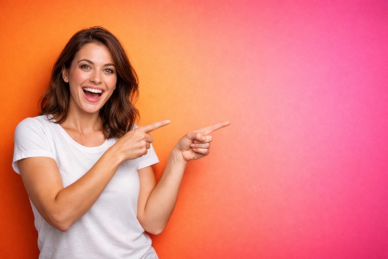 Smiling woman in white shirt joyfully pointing to the right on a bright orange and pink gradient background