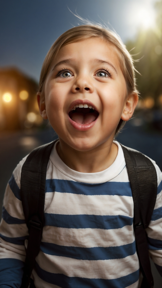 Close-up of a happy young boy with open mouth and bright eyes, wearing a striped shirt and backpack in soft evening light