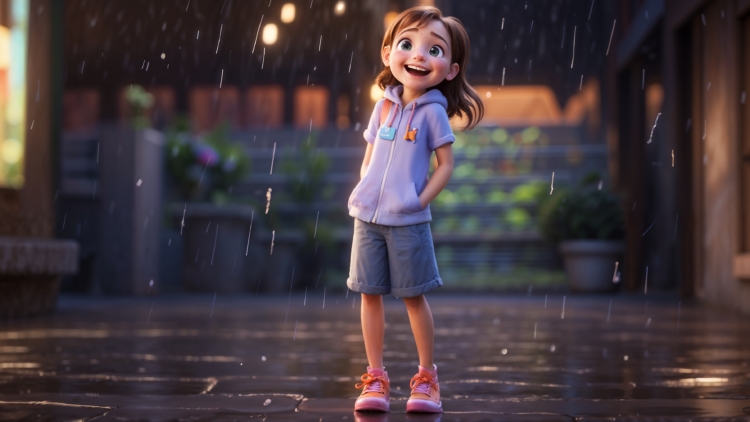 Cute animated young child with a big smile standing on a wet street under rainfall wearing a purple hoodie, gray shorts, and pink shoes