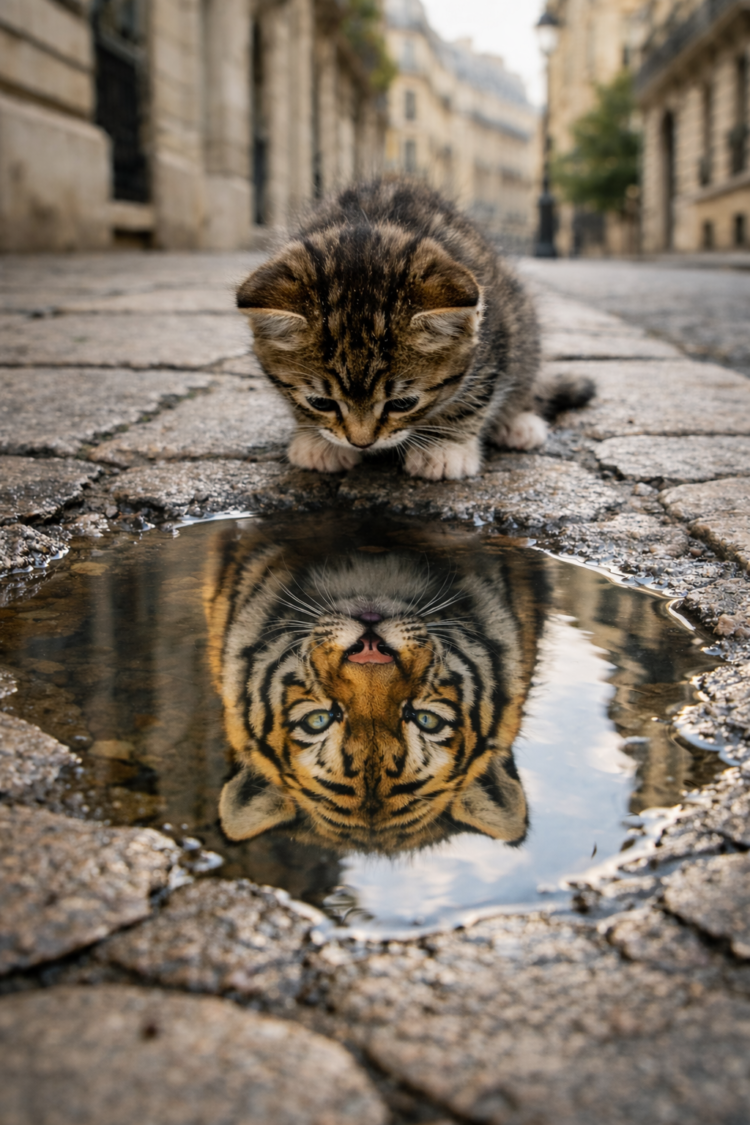 Cute tabby kitten looking down at a puddle on stone pavement, seeing a reflection of a fierce tiger's face in the water