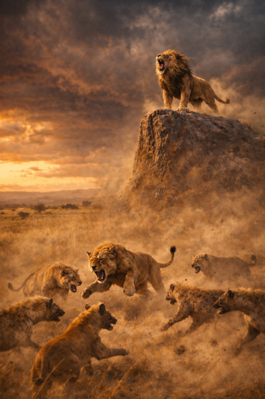 A fierce lion roaring atop a rocky outcrop while a coalition of lions confronts hyenas in a dusty savannah at sunset.