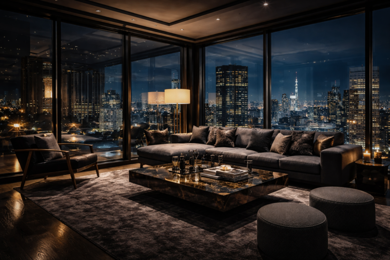 Modern living room at night with plush sofa, marble coffee table, and large glass windows overlooking illuminated urban skyline
