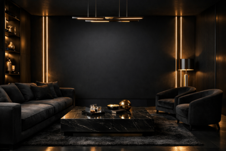 Dark modern living room with velvet seating, black marble coffee table, warm vertical lighting, and ambient mood lighting