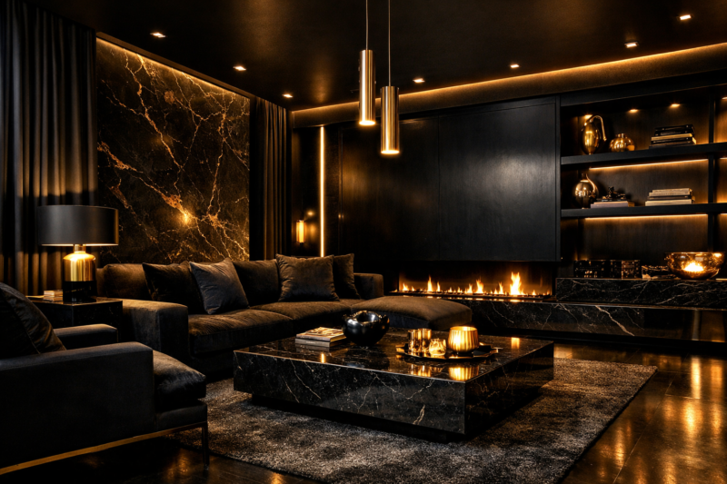 Elegant modern living room with dark tones, velvet sofa, marble coffee table, warm fireplace, and ambient lighting