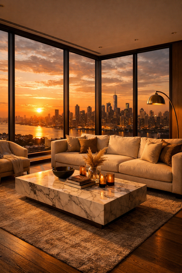 Elegant living room with beige sofa, marble coffee table, and large floor-to-ceiling windows showing a vibrant city skyline at sunset