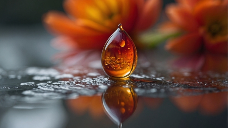 Close-up macro shot of a single amber-colored water drop with floral reflections and blurred orange flowers in the background