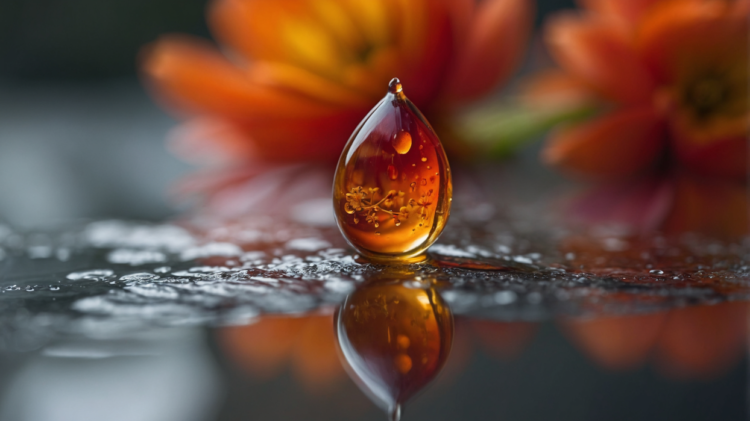 Close-up macro shot of a single amber-colored water drop with floral reflections and blurred orange flowers in the background