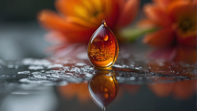 Close-up macro shot of a single amber-colored water drop with floral reflections and blurred orange flowers in the background